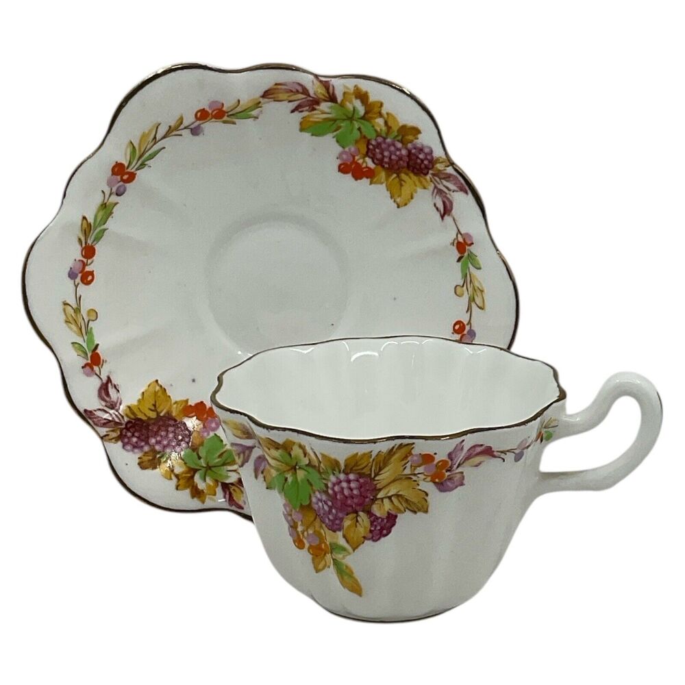 Royal Stuart Fluted Tea Cup and Saucer Fall‎ Floral Berries Spenser Stevenson